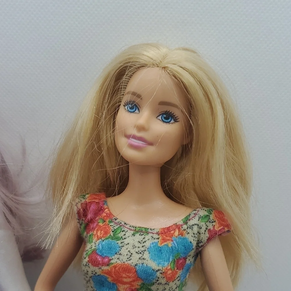 Barbie Dolls in Blue Checkered and Floral Dresses